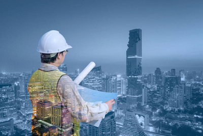 建筑師工作場所-建筑工具、 藍(lán)圖、 頭盔、 卷尺、 建設(shè)理念。工程工具